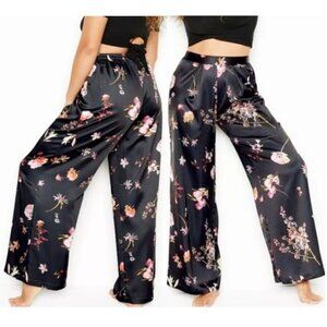 Victoria's Secret Women's Black Floral Satin Wide Leg Palazzo Pants Size XL NWT